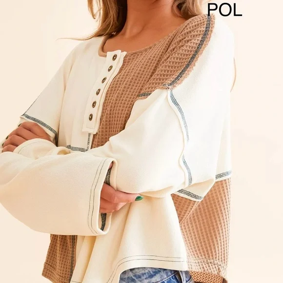 BP30🤎🤍NEW! POL playtime in cutest tan+cream spliced color block top!gr8 day2date - Picture 4 of 9
